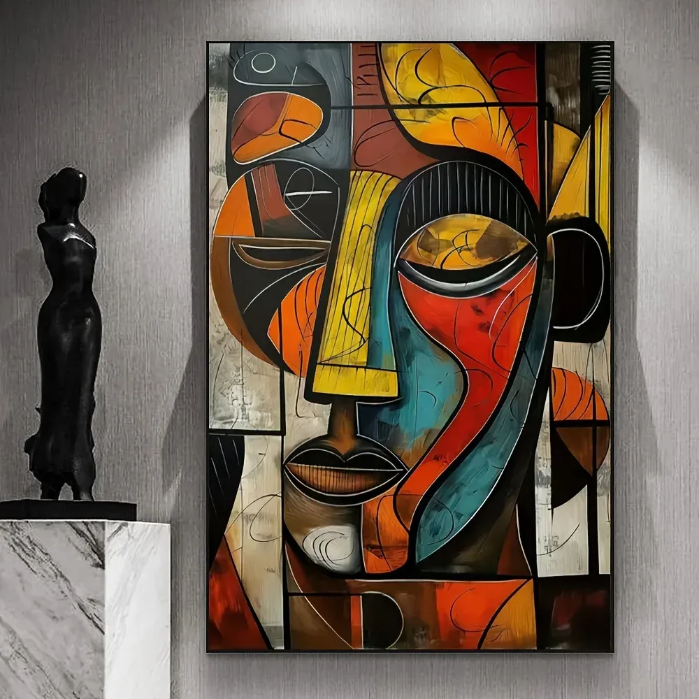 Modern Abstract African Tribal Mask Wall Art Canvas Poster - Yellow Brown Picasso Style Painting for Living Room Decor, High Definition Vibrant Print on 280-300gsm Matte Fiber Canvas thumbnail 1