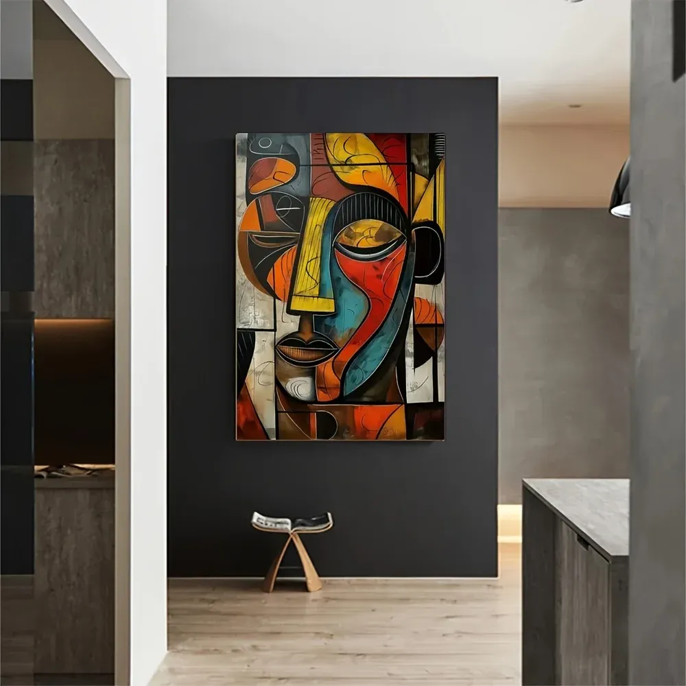 Modern Abstract African Tribal Mask Wall Art Canvas Poster - Yellow Brown Picasso Style Painting for Living Room Decor, High Definition Vibrant Print on 280-300gsm Matte Fiber Canvas thumbnail 3