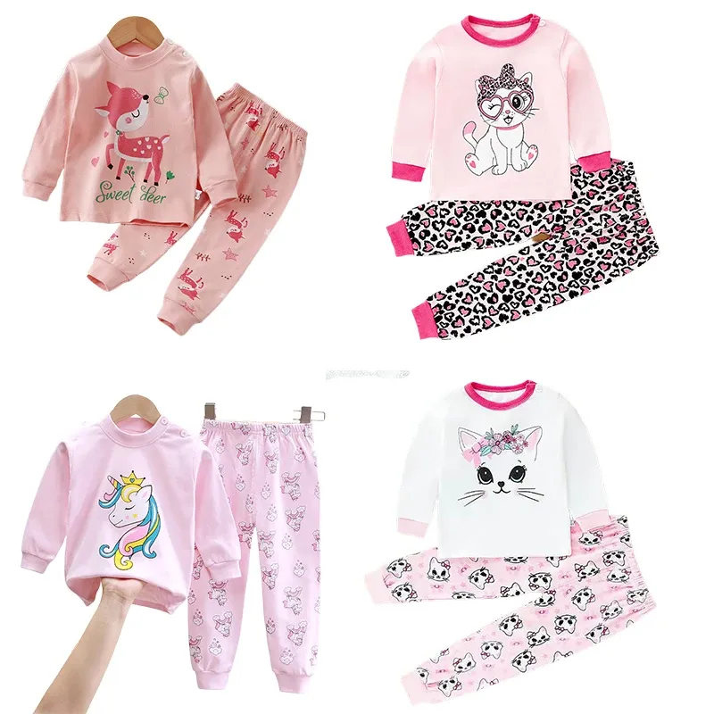 Little Maven Baby Girls Cotton Pajama Set - Cartoon Cat Print Tops & Pants for Autumn/Winter/Summer, Ages 18 Months to 5 Years thumbnail 1