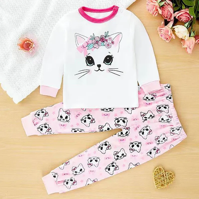 Little Maven Baby Girls Cotton Pajama Set - Cartoon Cat Print Tops & Pants for Autumn/Winter/Summer, Ages 18 Months to 5 Years thumbnail 2