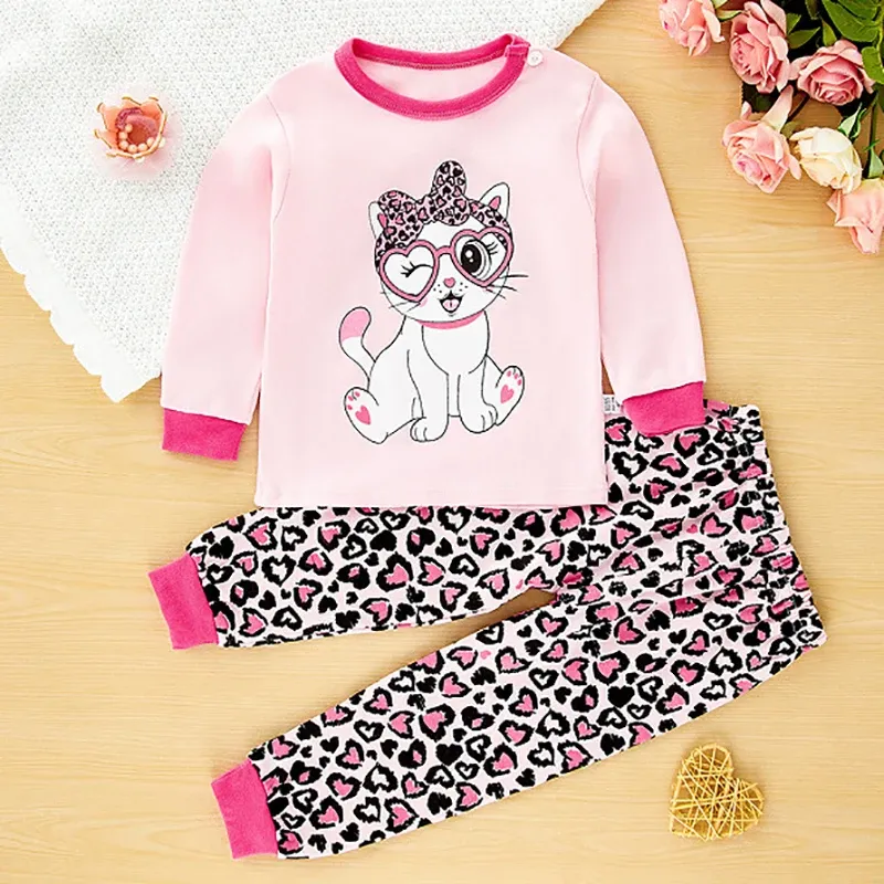 Little Maven Baby Girls Cotton Pajama Set - Cartoon Cat Print Tops & Pants for Autumn/Winter/Summer, Ages 18 Months to 5 Years thumbnail 3