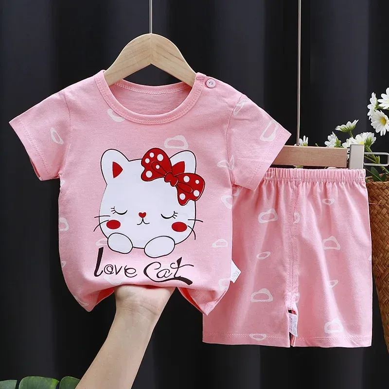 Cute Cartoon Printed Toddler Tracksuit Set - 100% Pure Cotton 2-Piece Casual Outfit for Boys & Girls, Contrast T-Shirt & Shorts thumbnail 2