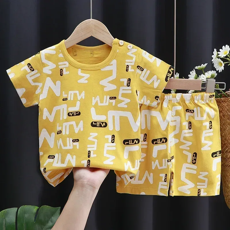 Cute Cartoon Printed Toddler Tracksuit Set - 100% Pure Cotton 2-Piece Casual Outfit for Boys & Girls, Contrast T-Shirt & Shorts thumbnail 5