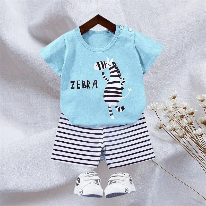 Kids Boys Summer Cartoon Zebra Print 2-Piece Outfit Set | Short Sleeve Tees & Stripe Shorts | Soft Cotton Casual Sports Suit for Ages 1-6 Years thumbnail 1