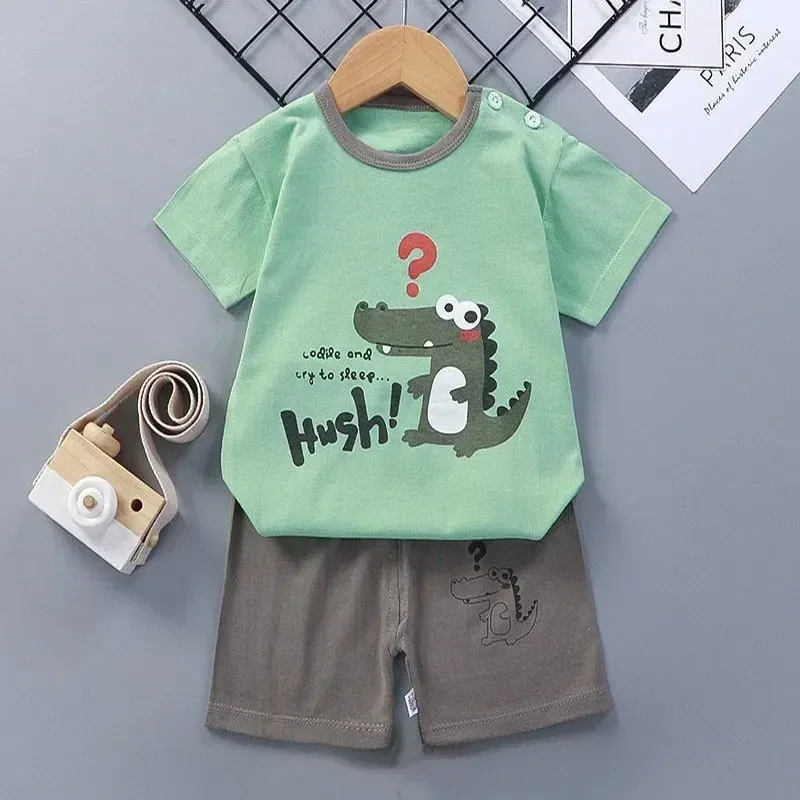 Kids Boys Summer Cartoon Zebra Print 2-Piece Outfit Set | Short Sleeve Tees & Stripe Shorts | Soft Cotton Casual Sports Suit for Ages 1-6 Years showcase 2