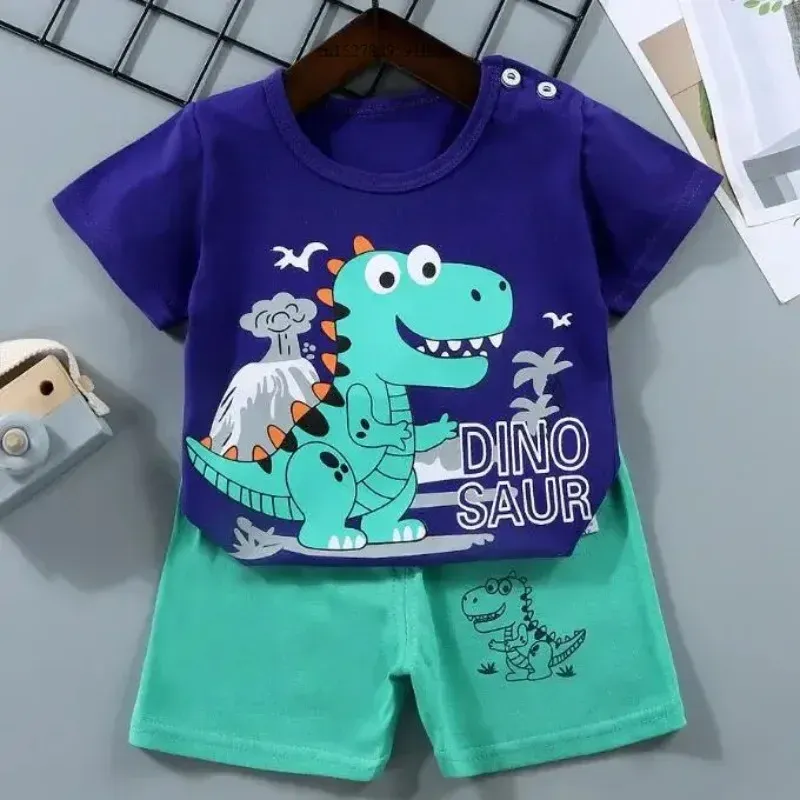 Kids Boys Summer Cartoon Zebra Print 2-Piece Outfit Set | Short Sleeve Tees & Stripe Shorts | Soft Cotton Casual Sports Suit for Ages 1-6 Years showcase 1