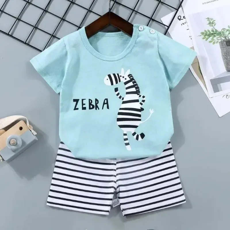Kids Boys Summer Cartoon Zebra Print 2-Piece Outfit Set | Short Sleeve Tees & Stripe Shorts | Soft Cotton Casual Sports Suit for Ages 1-6 Years showcase 6