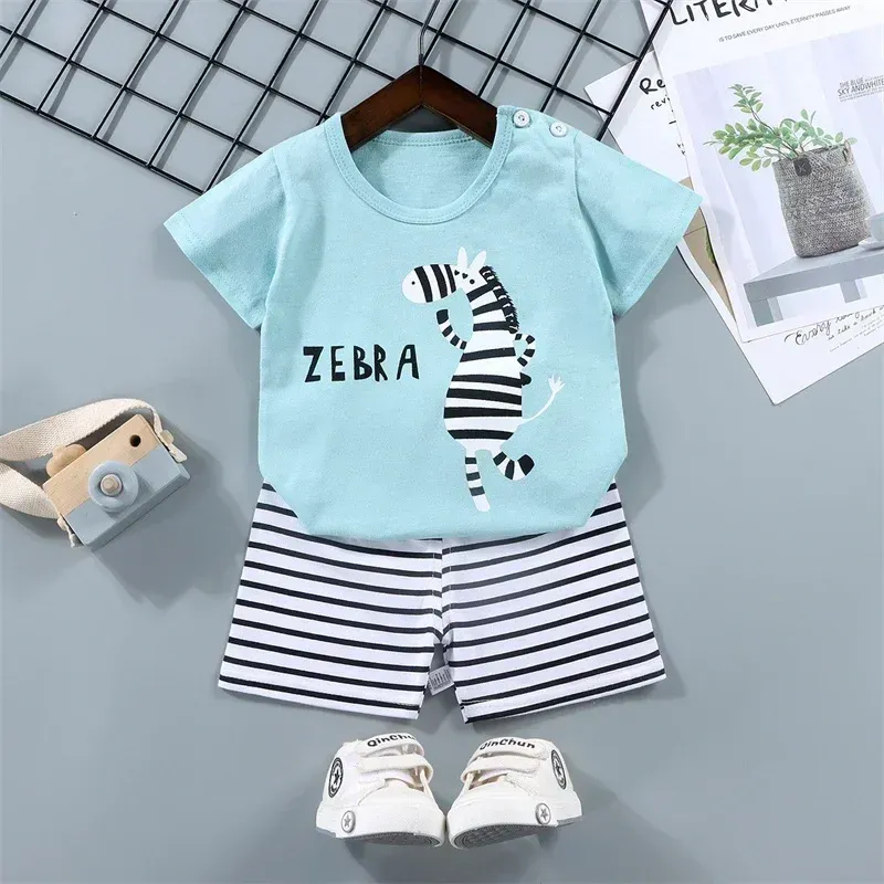 Kids Boys Summer Cartoon Zebra Print 2-Piece Outfit Set | Short Sleeve Tees & Stripe Shorts | Soft Cotton Casual Sports Suit for Ages 1-6 Years showcase 4