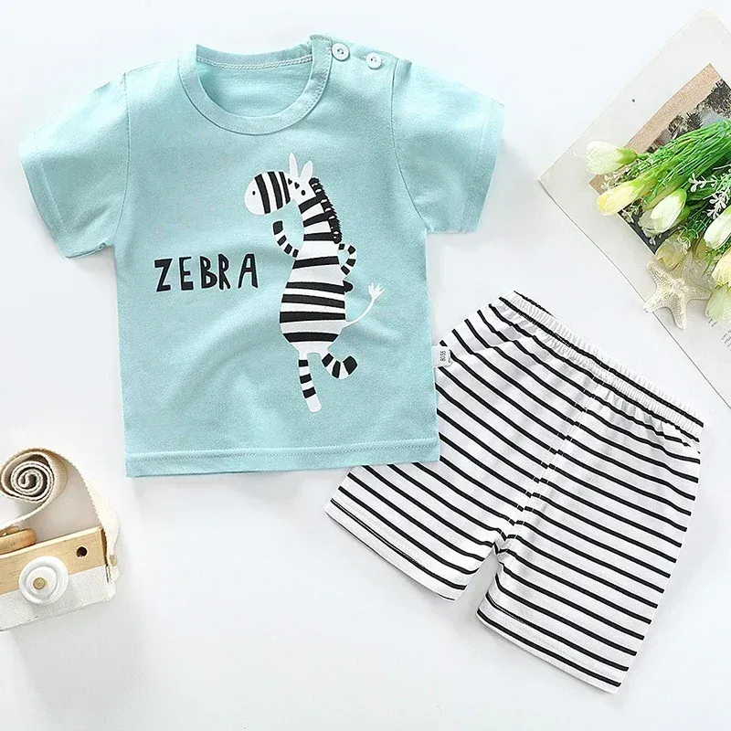 Kids Boys Summer Cartoon Zebra Print 2-Piece Outfit Set | Short Sleeve Tees & Stripe Shorts | Soft Cotton Casual Sports Suit for Ages 1-6 Years thumbnail 2