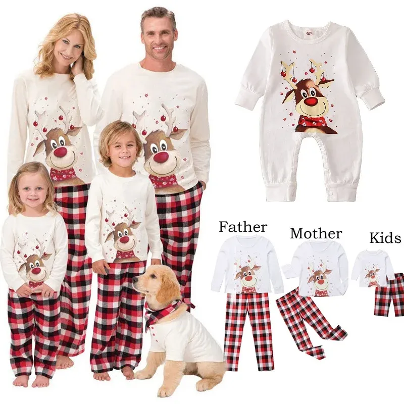 Family Matching Christmas Pajamas Sets - Deer Print Tops & Pants for Adults, Kids, Baby Rompers, and Pet Dog Clothes - Festive Holiday Sleepwear thumbnail 1
