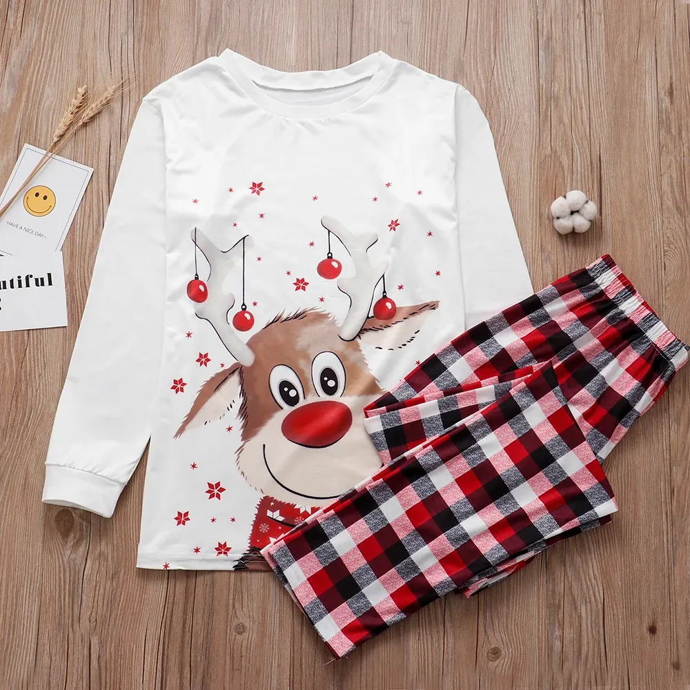 Family Matching Christmas Pajamas Sets - Deer Print Tops & Pants for Adults, Kids, Baby Rompers, and Pet Dog Clothes - Festive Holiday Sleepwear thumbnail 2