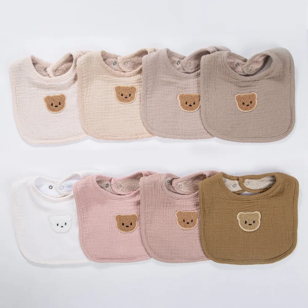 Cute Bear Muslin Cotton Baby Bibs for Boys & Girls - U-Shaped Absorbent Bandanas with Pockets, Korean Style Drool Burp Cloths for Infants thumbnail 5