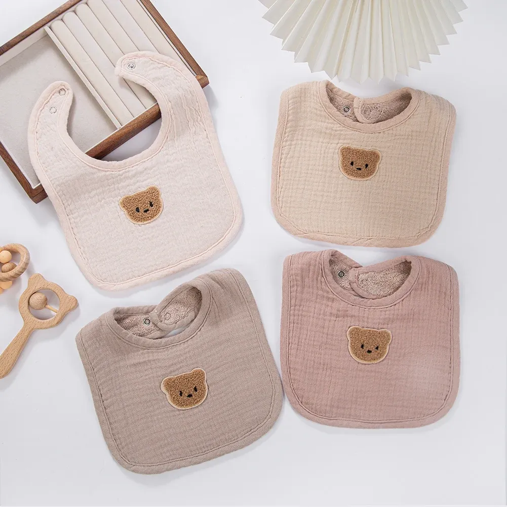 Cute Bear Muslin Cotton Baby Bibs for Boys & Girls - U-Shaped Absorbent Bandanas with Pockets, Korean Style Drool Burp Cloths for Infants showcase 1