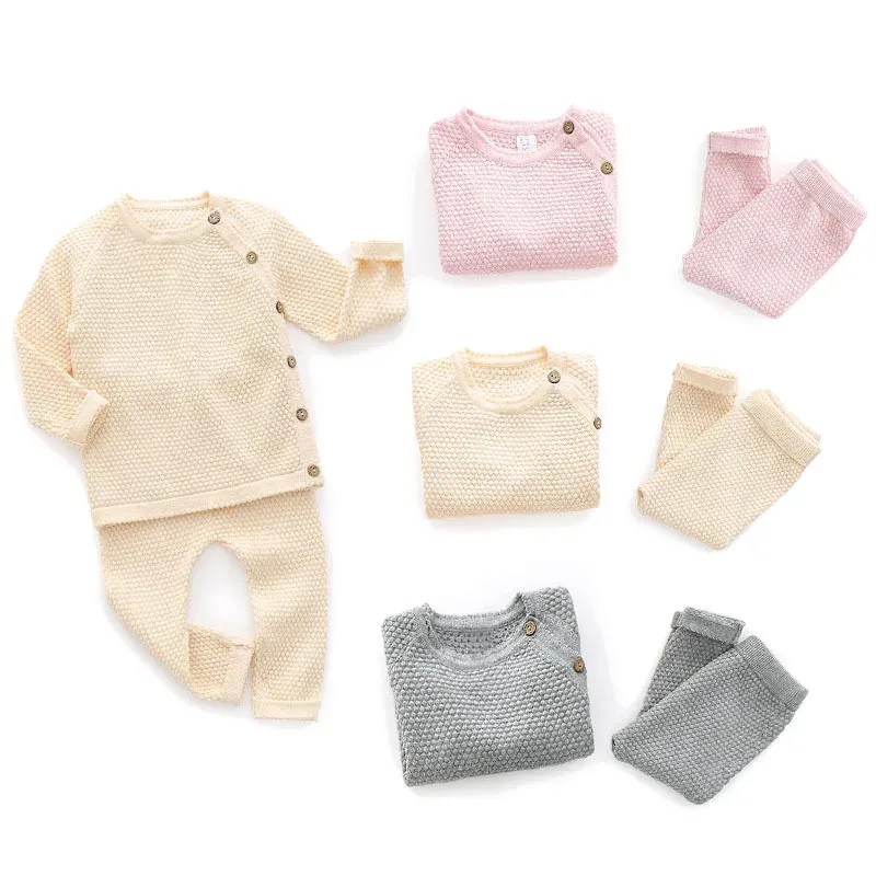 Cotton Baby Clothes Set for Newborn Boys and Girls - Long Sleeve Knitted Sweater and Pants Pajamas Ensemble for Spring thumbnail 4