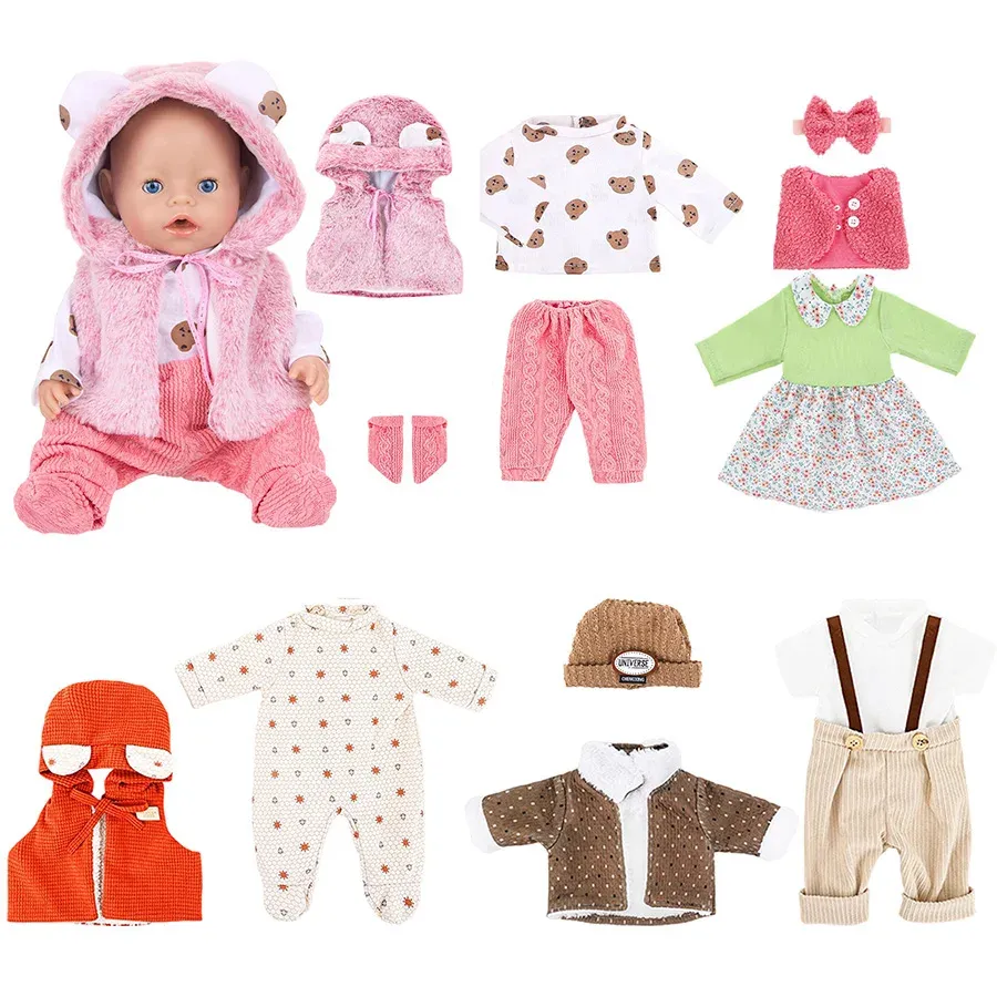 Doll Clothes Set for 43cm Baby Dolls & 18 Inch American Dolls - Includes Leather Jacket, Pants, Jumpers, Rompers for Winter Wear thumbnail 6
