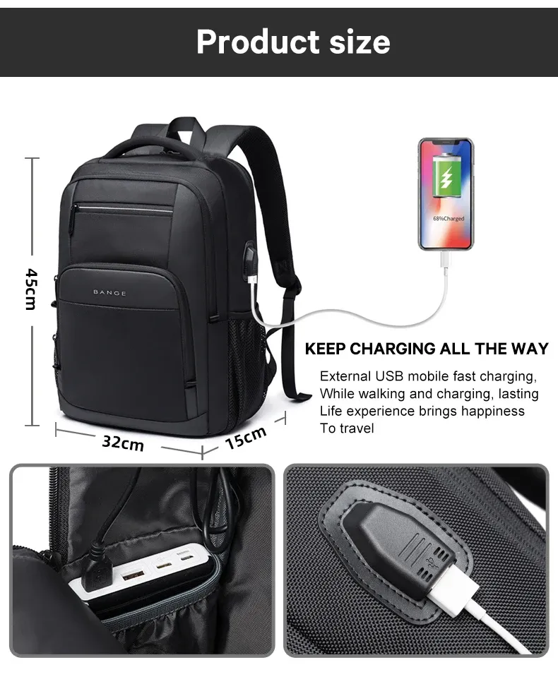 BANGE Lightweight Waterproof 15.6" Laptop Backpack with USB Charging Port, Multifunctional Travel, Hiking, and School Bag for Men showcase 7