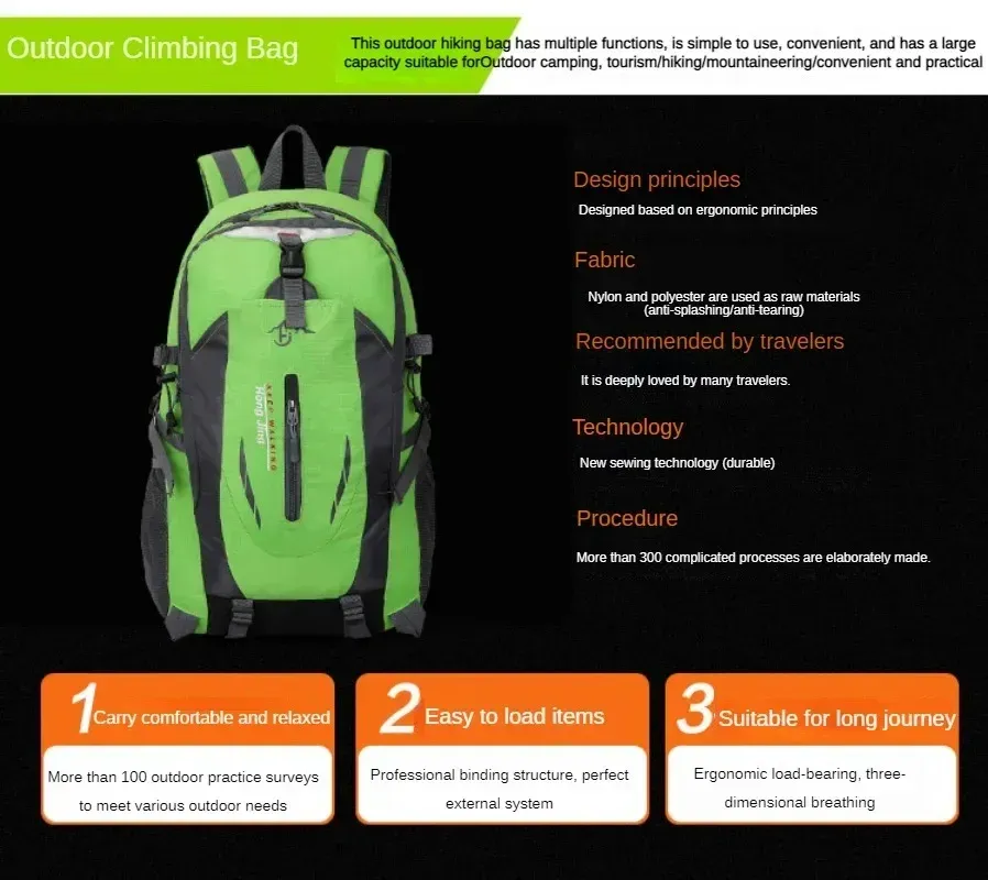 Durable Nylon Waterproof Travel Backpack for Men & Women | Large Capacity Outdoor Sport Hiking Climbing School Bag | Multiple Pockets, Breathable Back showcase 1