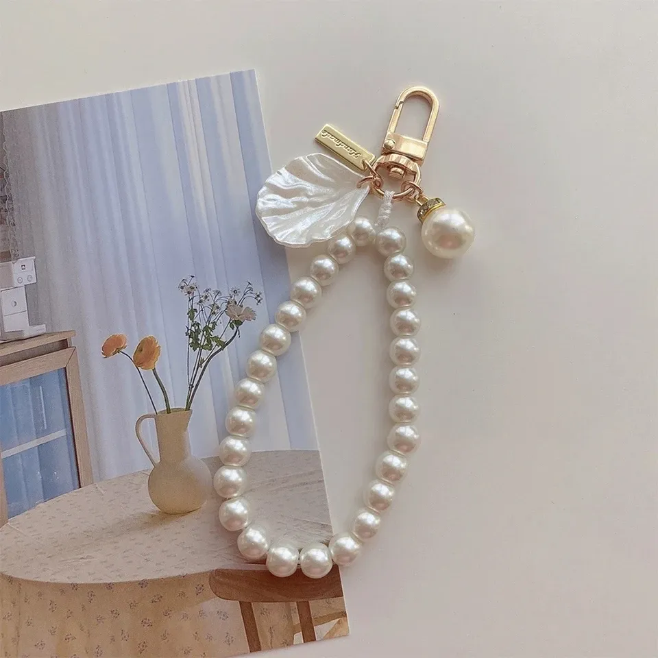 Cute Pearl Keychain for Women & Girls, Shiny Pearl Bead Shell Phone Bag Backpack Charm Accessory, Car Key Chain Pendant Gift showcase 7