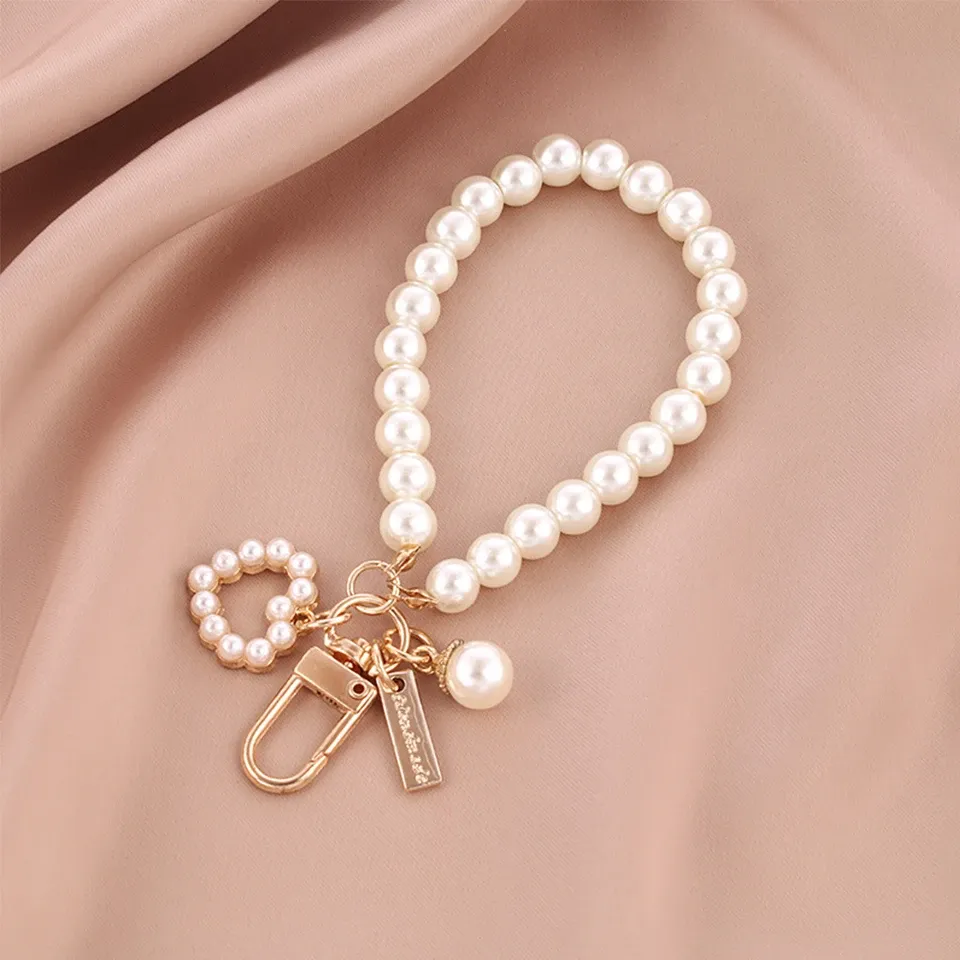 Cute Pearl Keychain for Women & Girls, Shiny Pearl Bead Shell Phone Bag Backpack Charm Accessory, Car Key Chain Pendant Gift showcase 4
