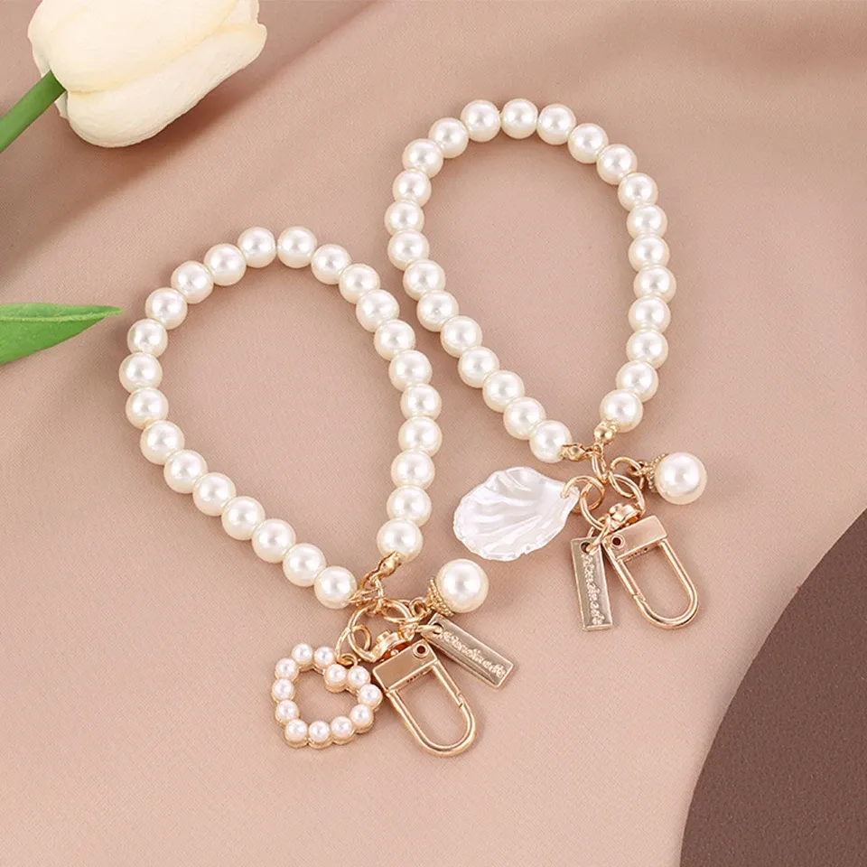 Cute Pearl Keychain for Women & Girls, Shiny Pearl Bead Shell Phone Bag Backpack Charm Accessory, Car Key Chain Pendant Gift showcase 2