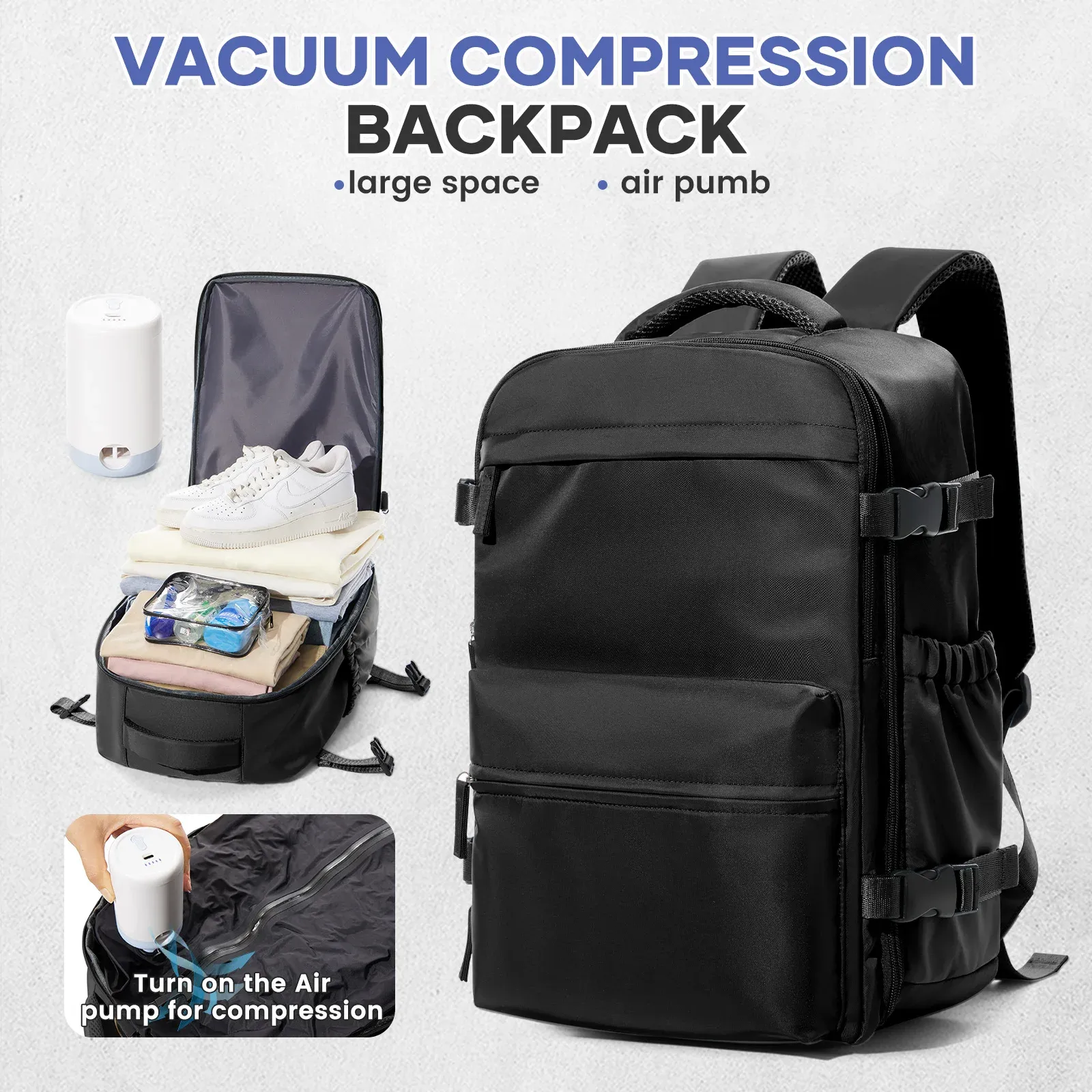 Large Capacity Travel Backpack for Men & Women, Expandable Business Laptop School Bag with Optional Vacuum Pump for Travel Organization