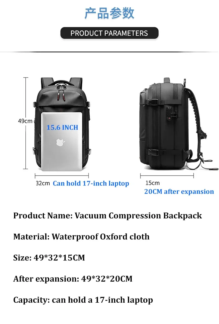 Expandable 17-Inch Laptop Backpack for Men, Large Capacity Business Travel School Bag, Waterproof Oxford Cloth with Vacuum Compression Feature, Anti-Theft Pocket, Ideal for Outdoor Adventures showcase 4