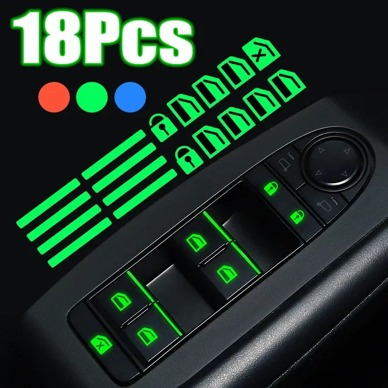 18Pcs Car Luminous Door Window Lift Button Stickers - Glow in Dark Control Panel Decals for Auto Interior Accessories thumbnail 1