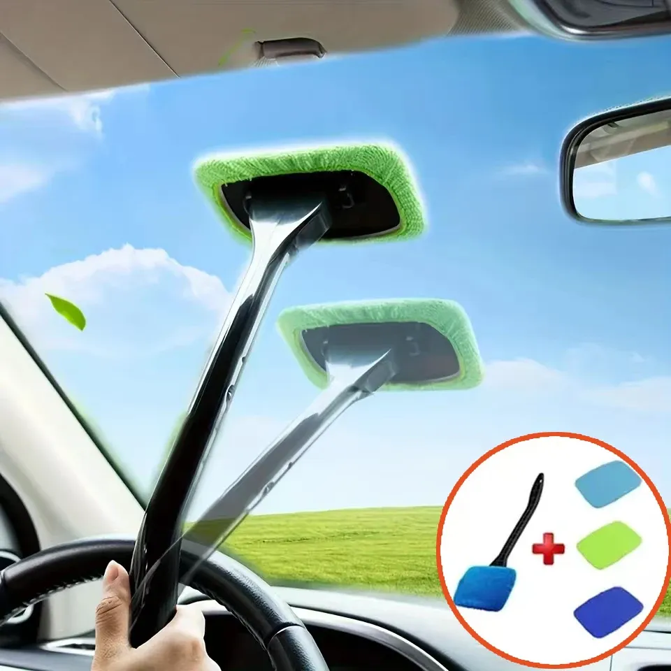 Car Windshield Cleaner Brush Kit - Interior Auto Glass Cleaning Tool with Long Handle and Microfiber Bonnet for Cars, SUVs, RVs thumbnail 1