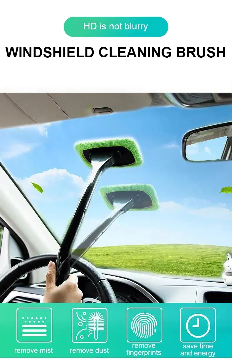 Car Windshield Cleaner Brush Kit - Interior Auto Glass Cleaning Tool with Long Handle and Microfiber Bonnet for Cars, SUVs, RVs showcase 1