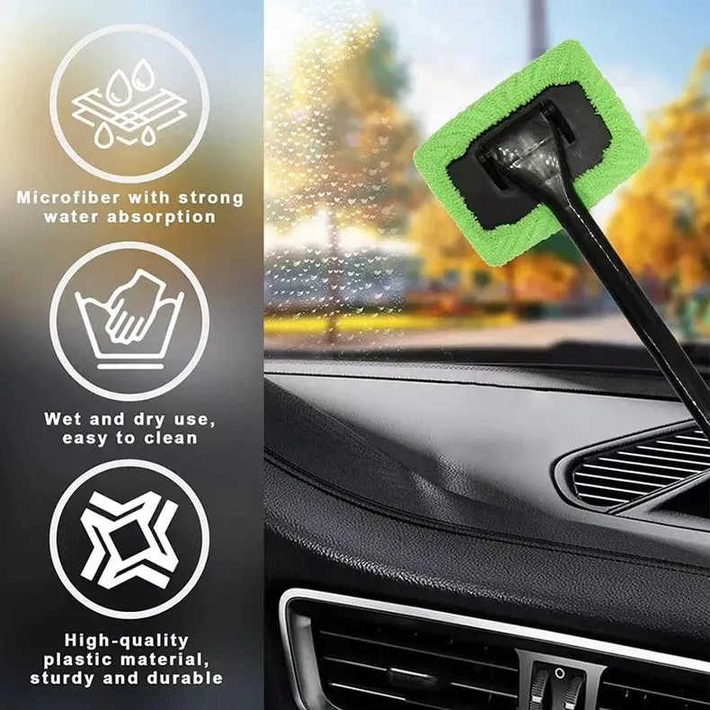 Car Windshield Cleaner Brush Kit - Interior Auto Glass Cleaning Tool with Long Handle and Microfiber Bonnet for Cars, SUVs, RVs showcase 2