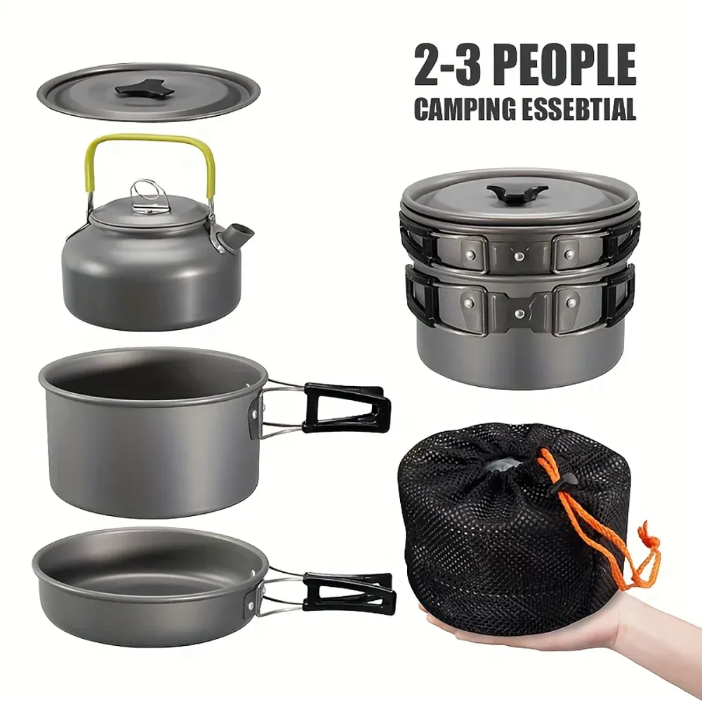 Portable Outdoor Camping Cookware Set - Non-Stick Aluminum Pot, Teapot, Bowls & Utensils for Hiking, BBQ, Picnic - Lightweight & Durable for 2-3 People thumbnail 2