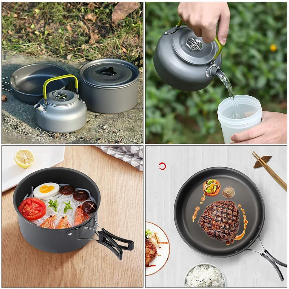 Portable Outdoor Camping Cookware Set - Non-Stick Aluminum Pot, Teapot, Bowls & Utensils for Hiking, BBQ, Picnic - Lightweight & Durable for 2-3 People thumbnail 6