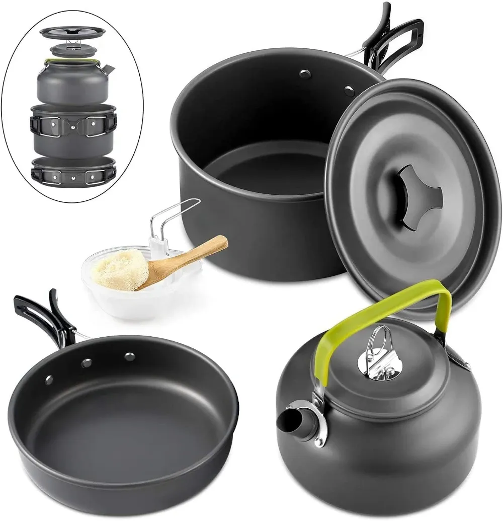 Portable Outdoor Camping Cookware Set - Non-Stick Aluminum Pot, Teapot, Bowls & Utensils for Hiking, BBQ, Picnic - Lightweight & Durable for 2-3 People thumbnail 1