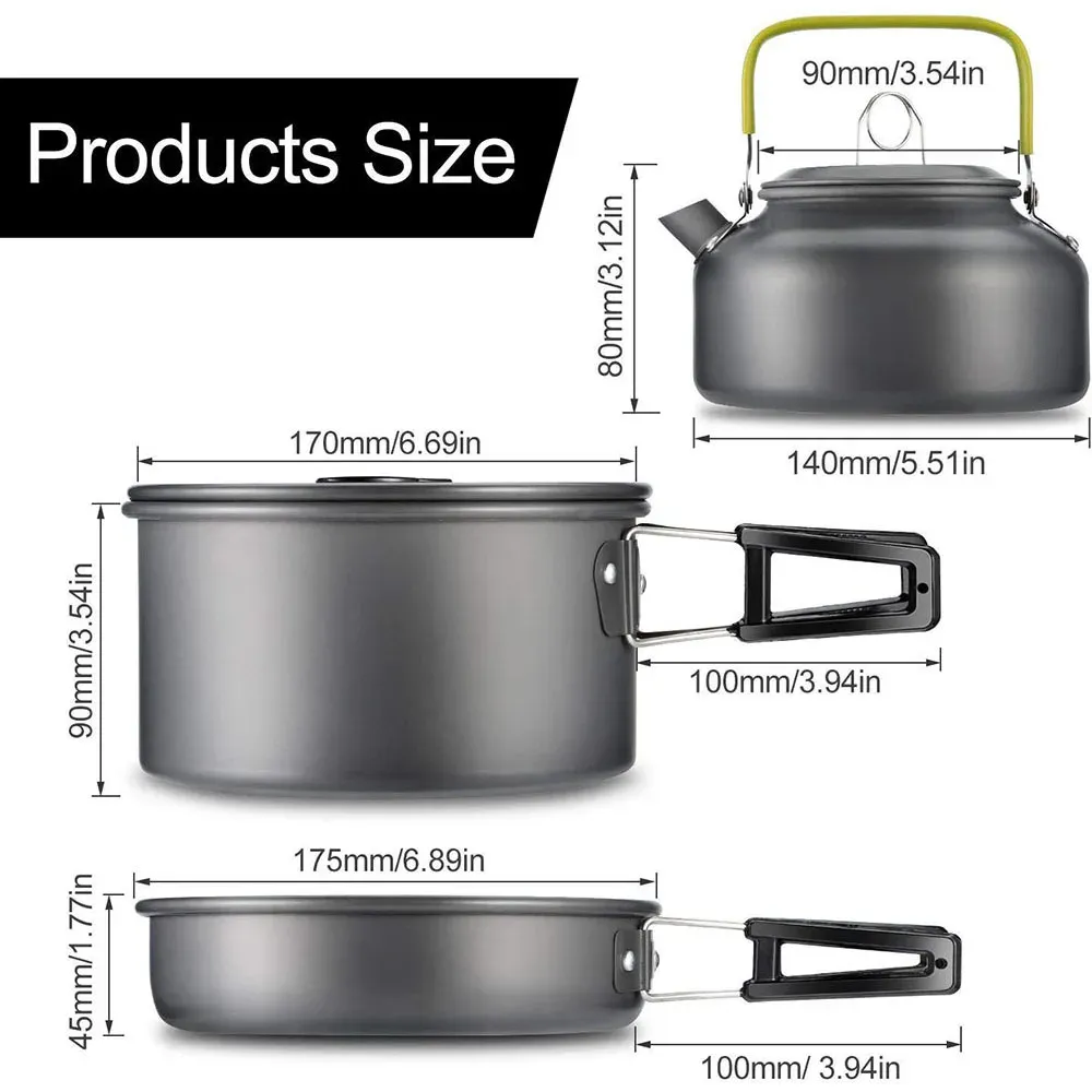 Portable Outdoor Camping Cookware Set - Non-Stick Aluminum Pot, Teapot, Bowls & Utensils for Hiking, BBQ, Picnic - Lightweight & Durable for 2-3 People thumbnail 4