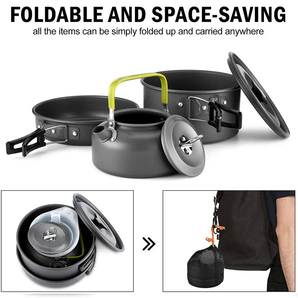 Portable Outdoor Camping Cookware Set - Non-Stick Aluminum Pot, Teapot, Bowls & Utensils for Hiking, BBQ, Picnic - Lightweight & Durable for 2-3 People showcase 3