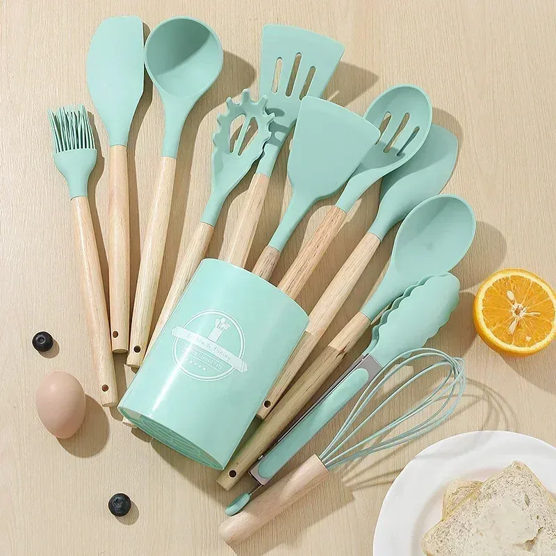 12-Piece Silicone Kitchen Utensil Set with Heat-Resistant Wooden Handles - Non-Stick Spatula, Turner, Whisk for Baking & Grilling - Safe Food-Grade Silicone for Home & Outdoor Cooking thumbnail 1