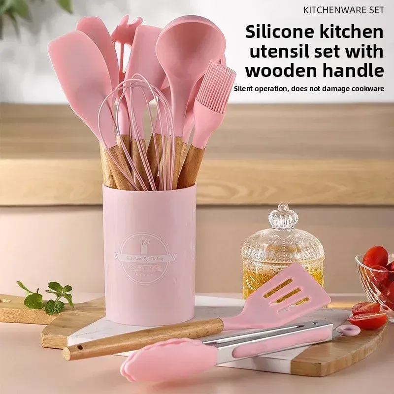 12-Piece Silicone Kitchen Utensil Set with Heat-Resistant Wooden Handles - Non-Stick Spatula, Turner, Whisk for Baking & Grilling - Safe Food-Grade Silicone for Home & Outdoor Cooking thumbnail 3