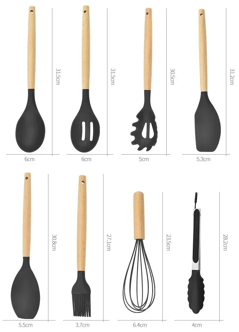 12-Piece Silicone Kitchen Utensil Set with Heat-Resistant Wooden Handles - Non-Stick Spatula, Turner, Whisk for Baking & Grilling - Safe Food-Grade Silicone for Home & Outdoor Cooking showcase 14