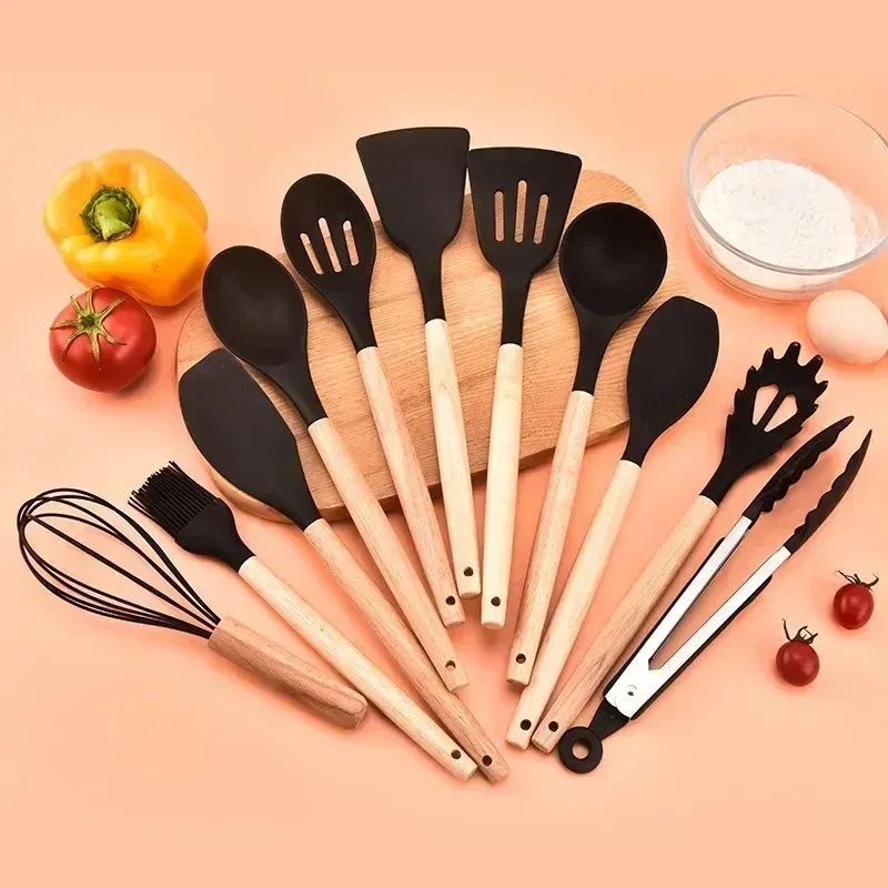 12-Piece Silicone Kitchen Utensil Set with Heat-Resistant Wooden Handles - Non-Stick Spatula, Turner, Whisk for Baking & Grilling - Safe Food-Grade Silicone for Home & Outdoor Cooking showcase 12