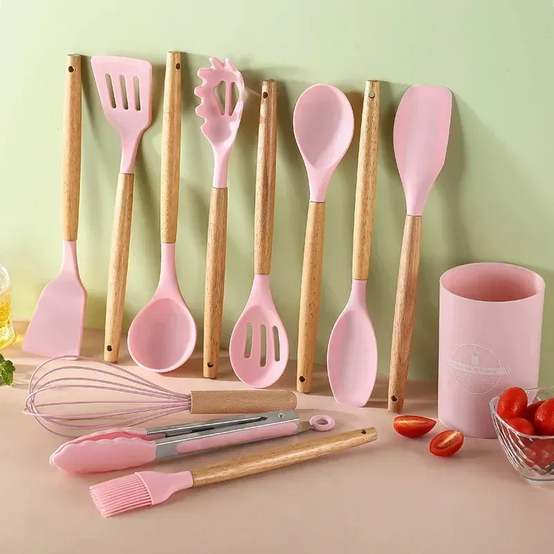 12-Piece Silicone Kitchen Utensil Set with Heat-Resistant Wooden Handles - Non-Stick Spatula, Turner, Whisk for Baking & Grilling - Safe Food-Grade Silicone for Home & Outdoor Cooking thumbnail 4
