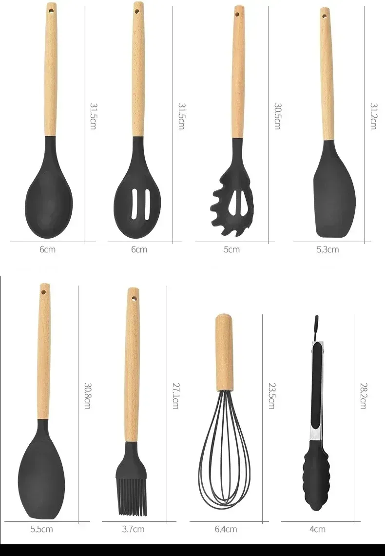 12-Piece Silicone Kitchen Utensil Set with Heat-Resistant Wooden Handles - Non-Stick Spatula, Turner, Whisk for Baking & Grilling - Safe Food-Grade Silicone for Home & Outdoor Cooking showcase 15