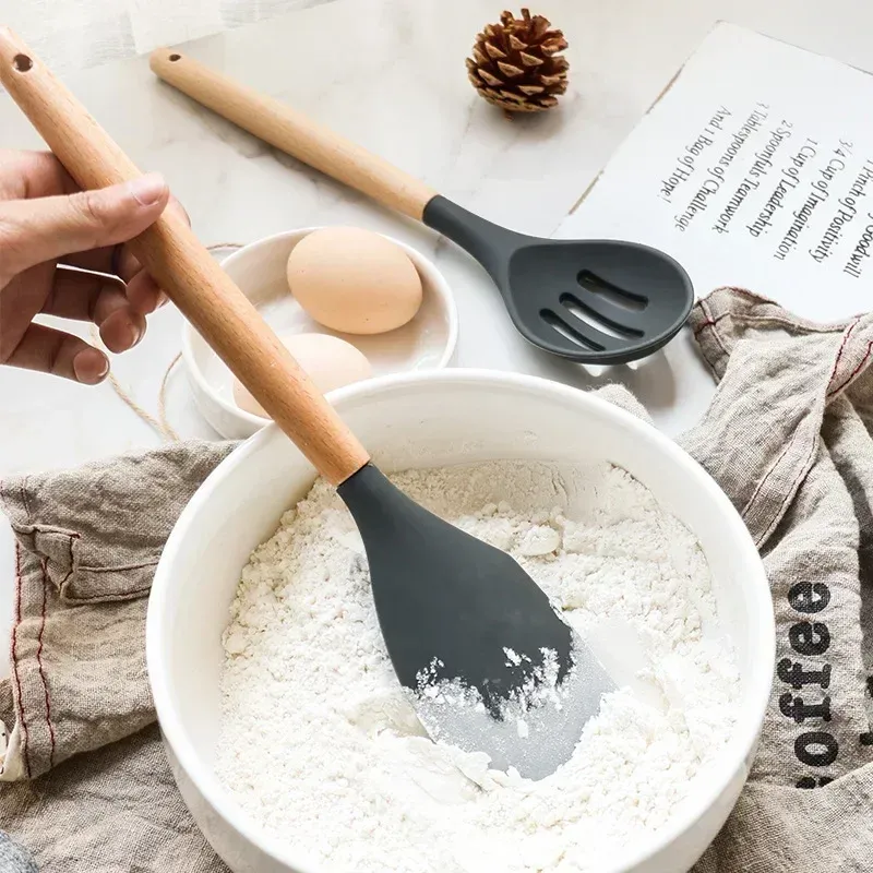 12-Piece Silicone Kitchen Utensil Set with Heat-Resistant Wooden Handles - Non-Stick Spatula, Turner, Whisk for Baking & Grilling - Safe Food-Grade Silicone for Home & Outdoor Cooking thumbnail 5