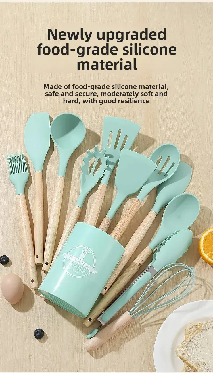 12-Piece Silicone Kitchen Utensil Set with Heat-Resistant Wooden Handles - Non-Stick Spatula, Turner, Whisk for Baking & Grilling - Safe Food-Grade Silicone for Home & Outdoor Cooking showcase 1