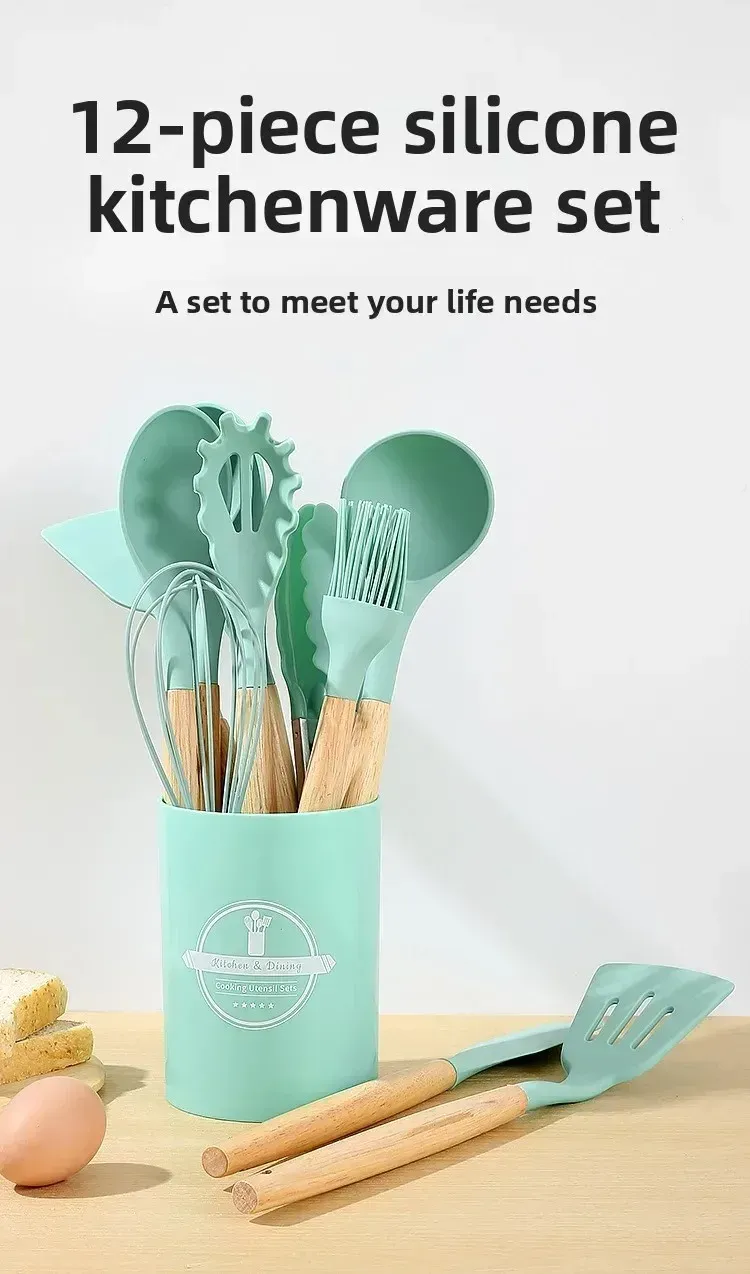 12-Piece Silicone Kitchen Utensil Set with Heat-Resistant Wooden Handles - Non-Stick Spatula, Turner, Whisk for Baking & Grilling - Safe Food-Grade Silicone for Home & Outdoor Cooking showcase 2