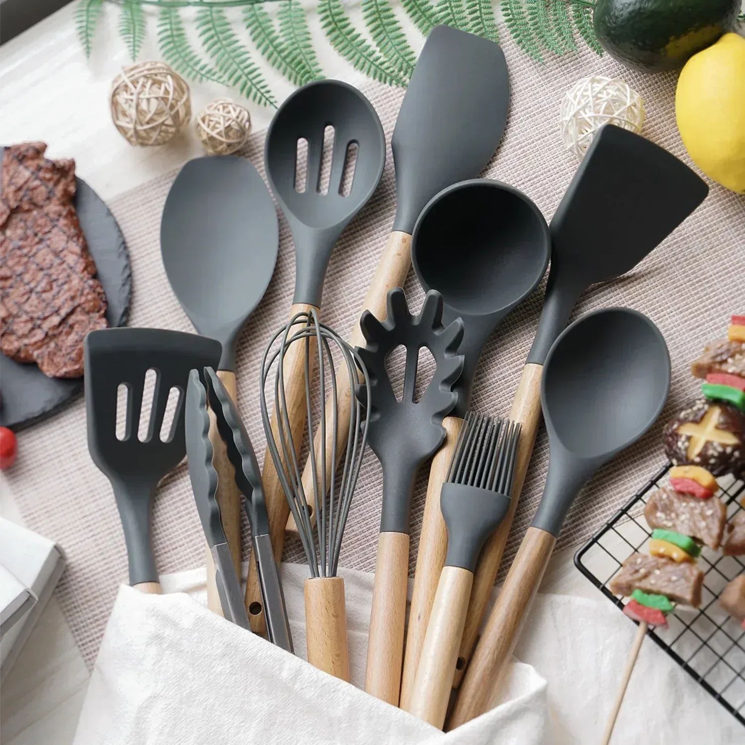 12-Piece Silicone Kitchen Utensil Set with Heat-Resistant Wooden Handles - Non-Stick Spatula, Turner, Whisk for Baking & Grilling - Safe Food-Grade Silicone for Home & Outdoor Cooking thumbnail 2