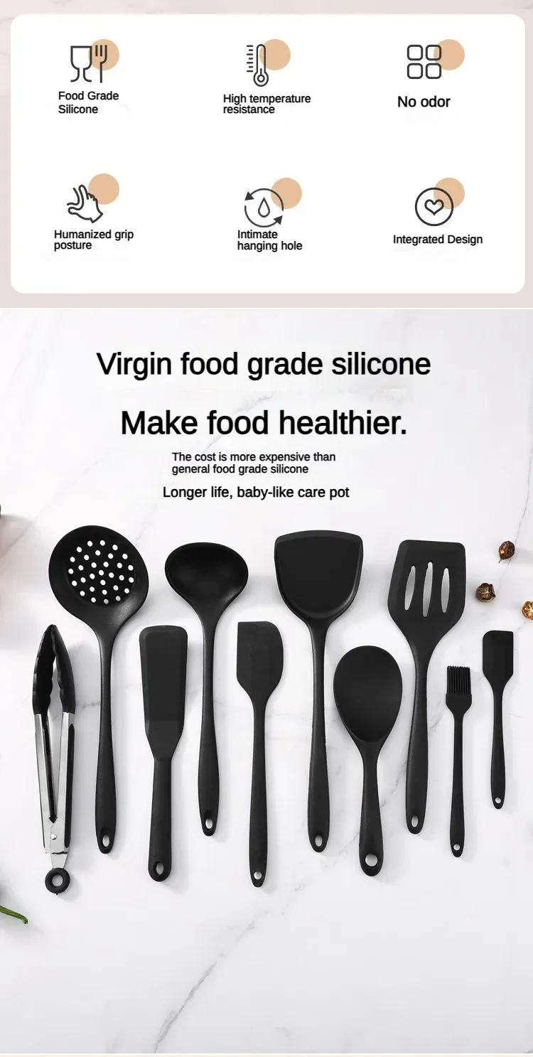 10-Piece Food-Grade Silicone Kitchen Utensil Set - Heat-Resistant Slotted Spoon, Strainer for Non-Stick Cookware & Hot Pot, Essential Cooking Gadgets for Home Chefs showcase 1