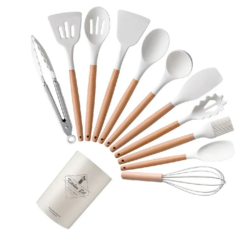12Pcs Silicone Kitchen Utensil Set with Wooden Handles - Non-Stick Spatula, Shovel, Egg Beater & More for Home Cooking thumbnail 1