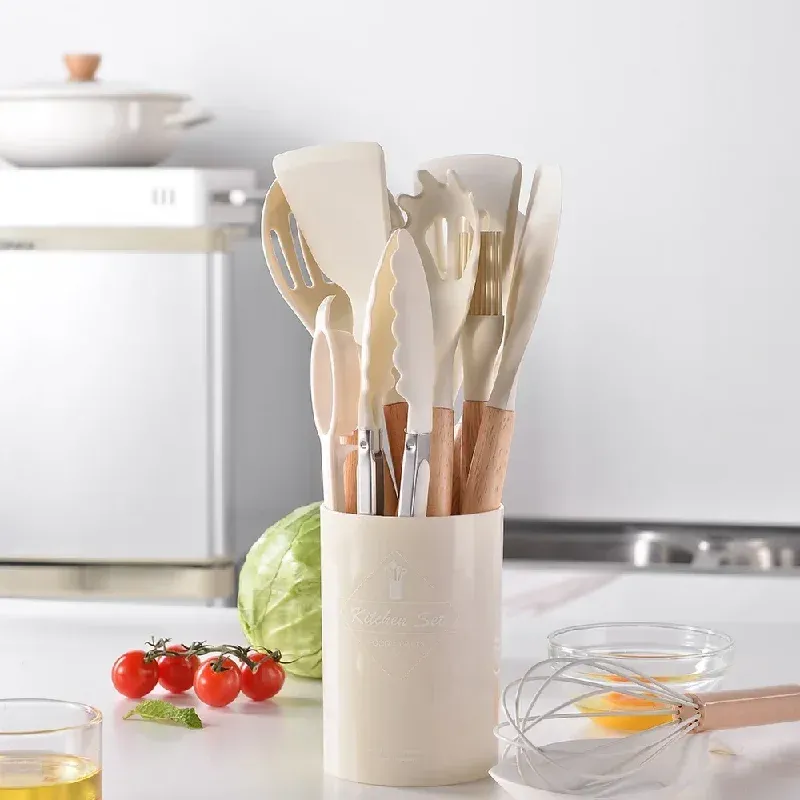12Pcs Silicone Kitchen Utensil Set with Wooden Handles - Non-Stick Spatula, Shovel, Egg Beater & More for Home Cooking thumbnail 2