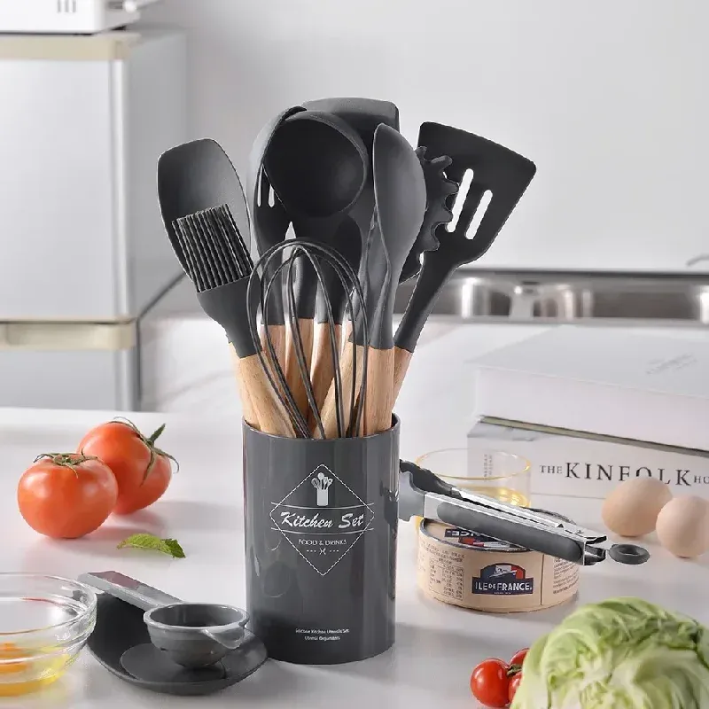12Pcs Silicone Kitchen Utensil Set with Wooden Handles - Non-Stick Spatula, Shovel, Egg Beater & More for Home Cooking thumbnail 4