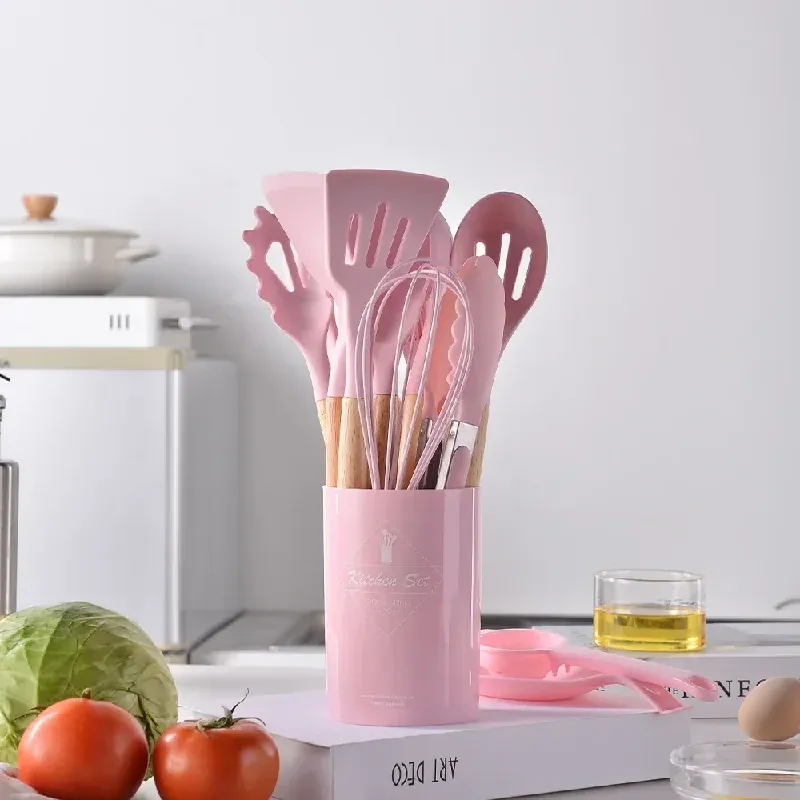 12Pcs Silicone Kitchen Utensil Set with Wooden Handles - Non-Stick Spatula, Shovel, Egg Beater & More for Home Cooking thumbnail 5
